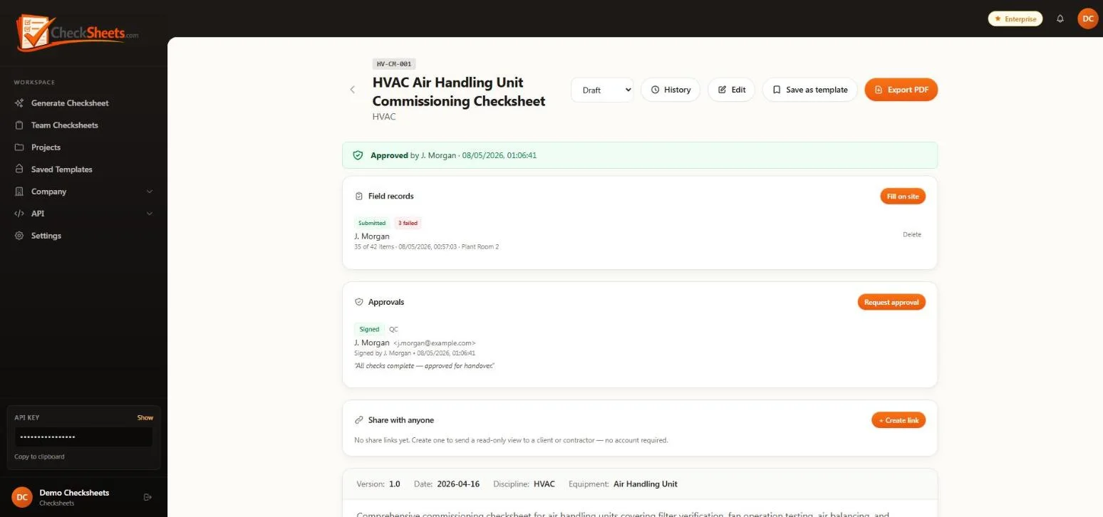 Approved checksheet with field record and signed approval