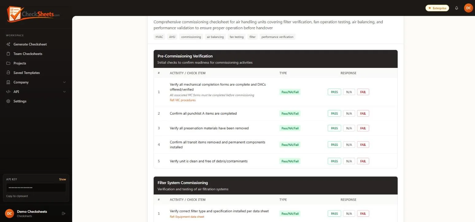 A generated HVAC commissioning checksheet