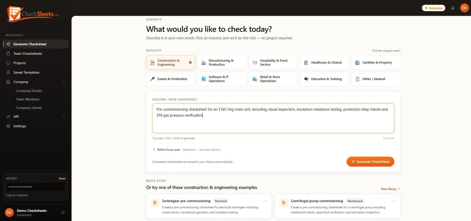 Describe the checksheet you need
