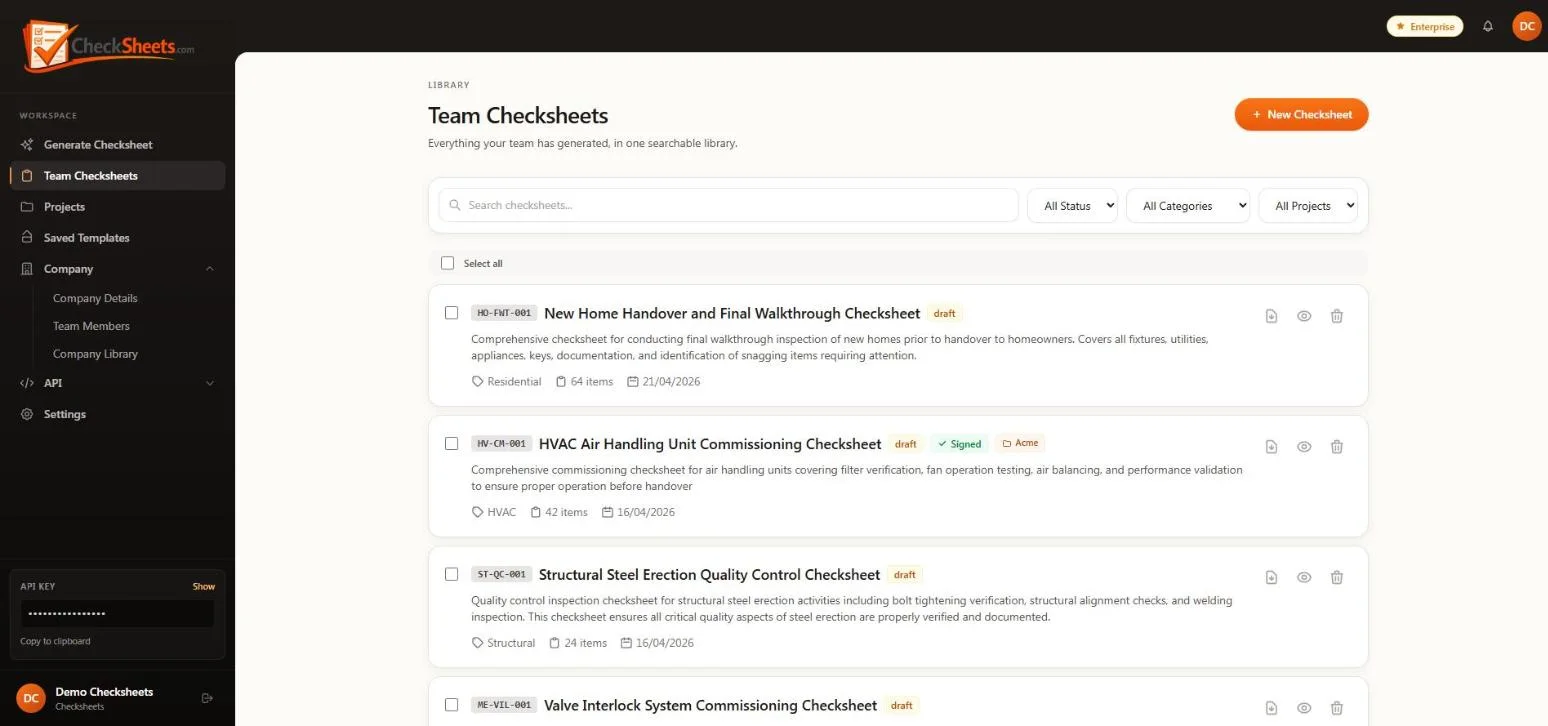 Team checksheet library