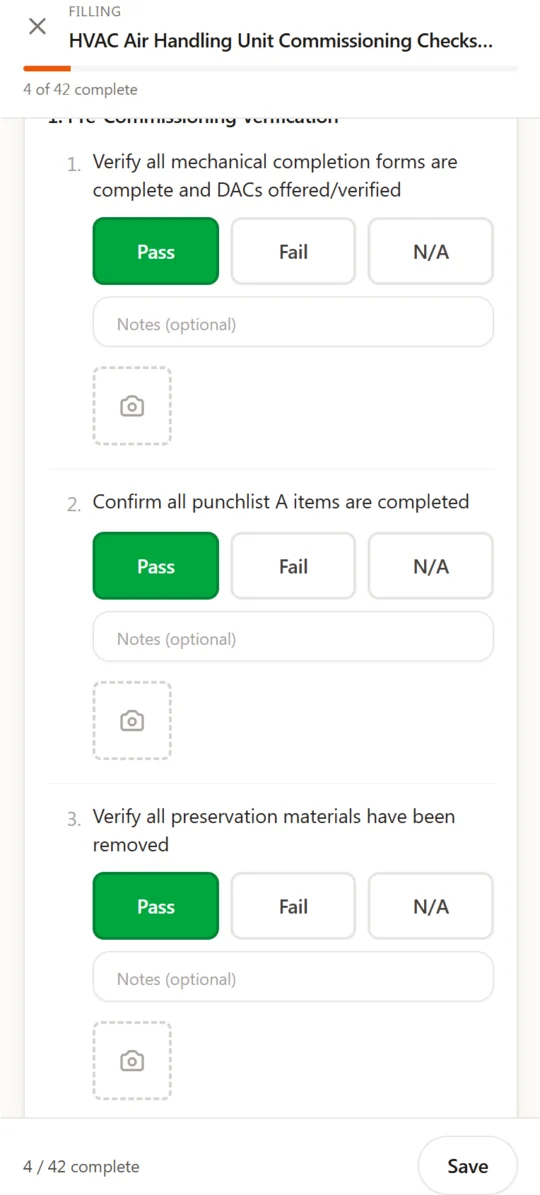 Pass / Fail / N/A on site