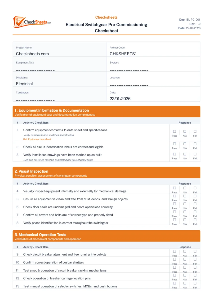 Electrical — switchgear pre-commissioning
